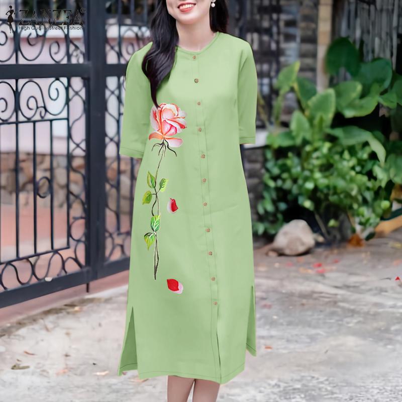 ZANZEA Women Casual Round Neck Loose Half Sleeve Floral Print Dress