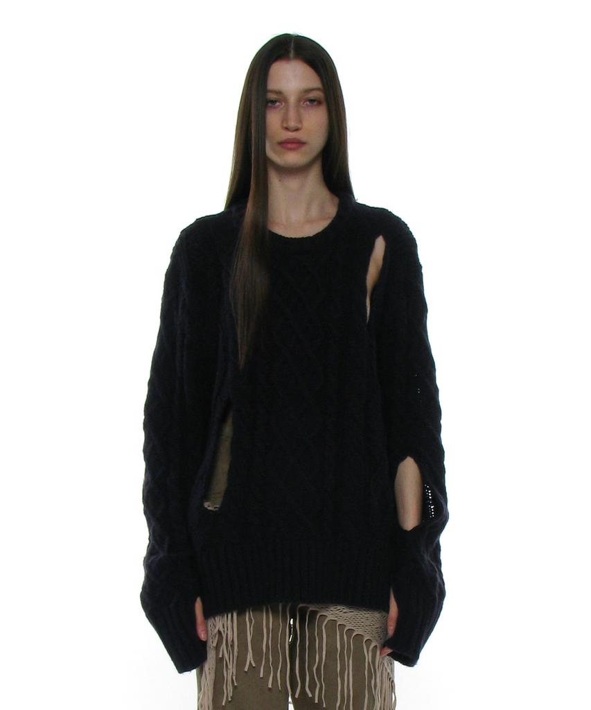 PARTIMENTO WOMEN Heavy Cutout Cable Knit Crew Neck_Navy