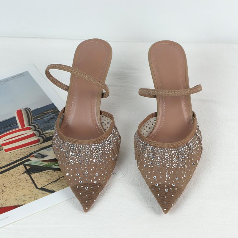 Mode 2025 Sandales Femme Mesh Strass Demi-Talon Haut Chaussures Femme Été Enveloppe Cheville Fine Bride Brillance Exquises Escarpins Femme