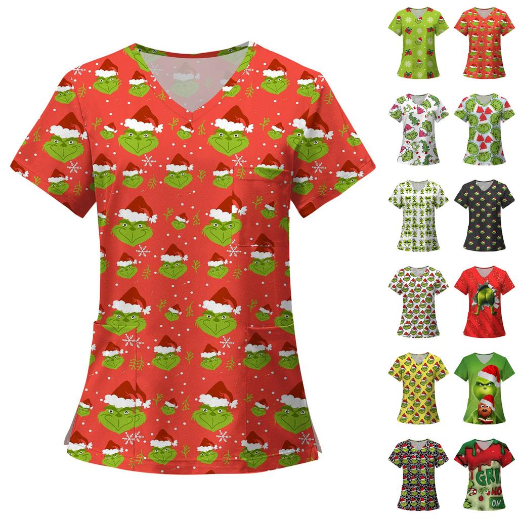 Women's Fashion Printed Short Sleeve V Neck Pattern Tops Pocket Working T-shirts