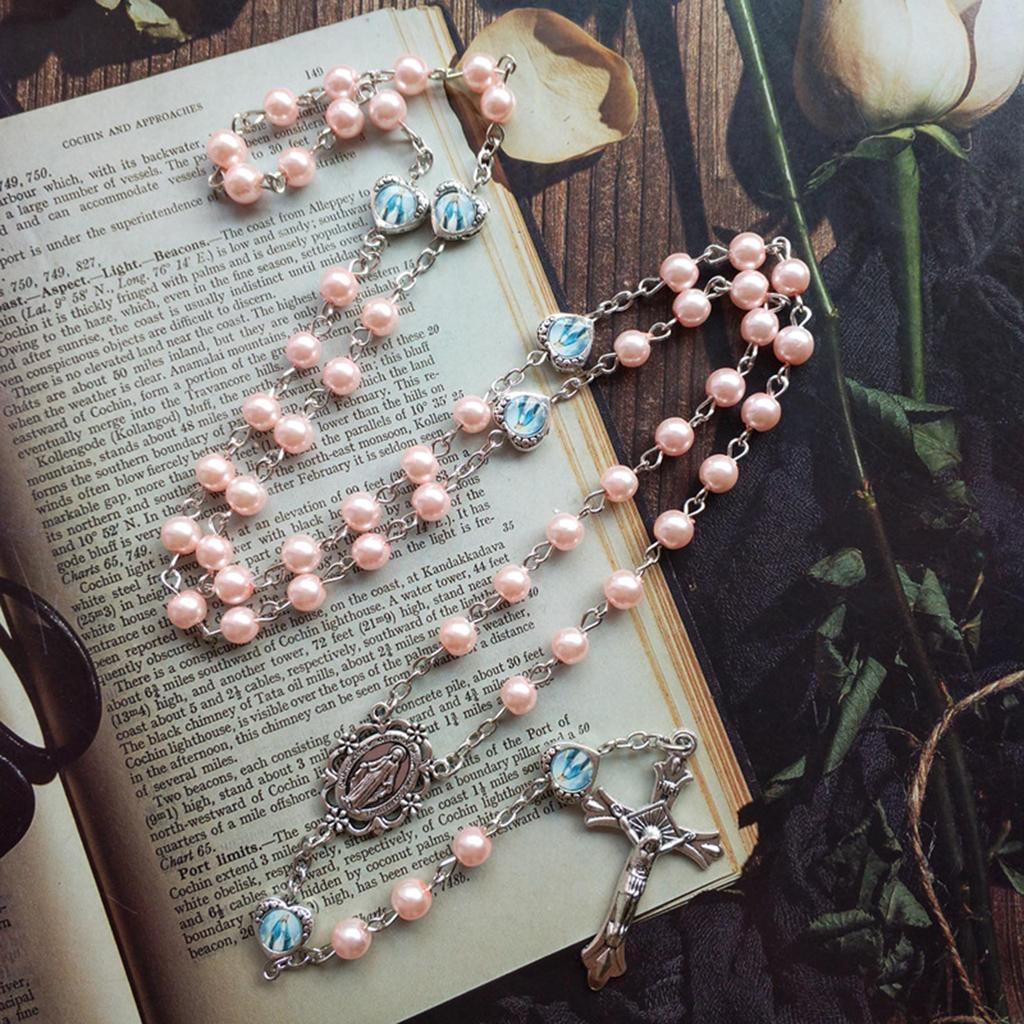 Crucifix Cross-Charm Long Chain Rosary Beads Catholic Necklace for Women Christian Amulet Necklace Religious Jewelry