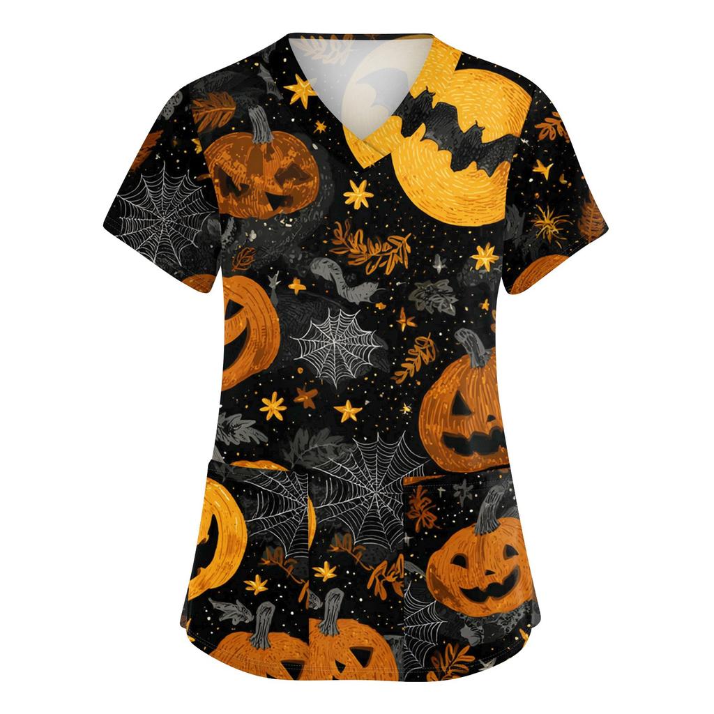 Dámské roztomilé potištěné pracovní oblečení Výstřih do V Dvouvrstvé kapsy Základní top s krátkým rukávem Pulovr