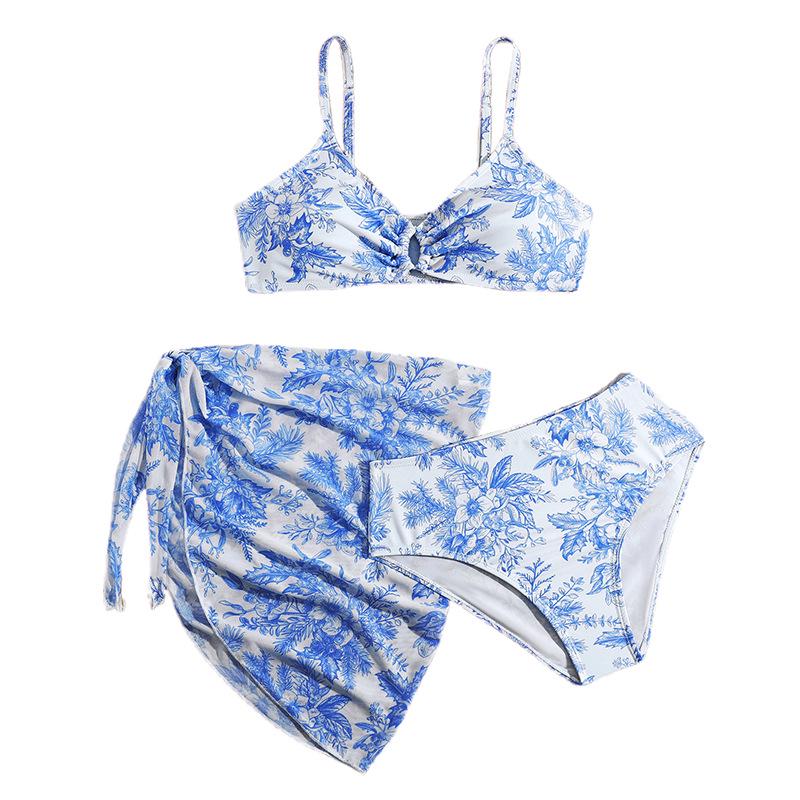 2026 Girls' European & American Print Mesh Three-Piece Swimsuit Set - Medium & Large Sizes