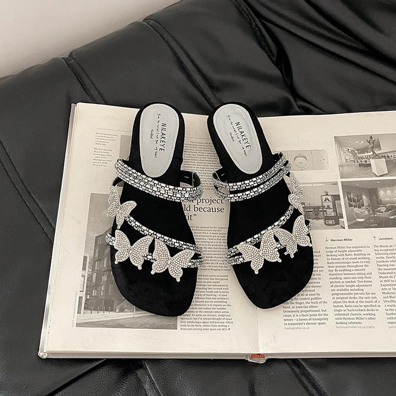 

Мода универсальный изысканный страз-бабочка со шлепанцами лето новый носить педаль сандалии женские высокие каблуки 35