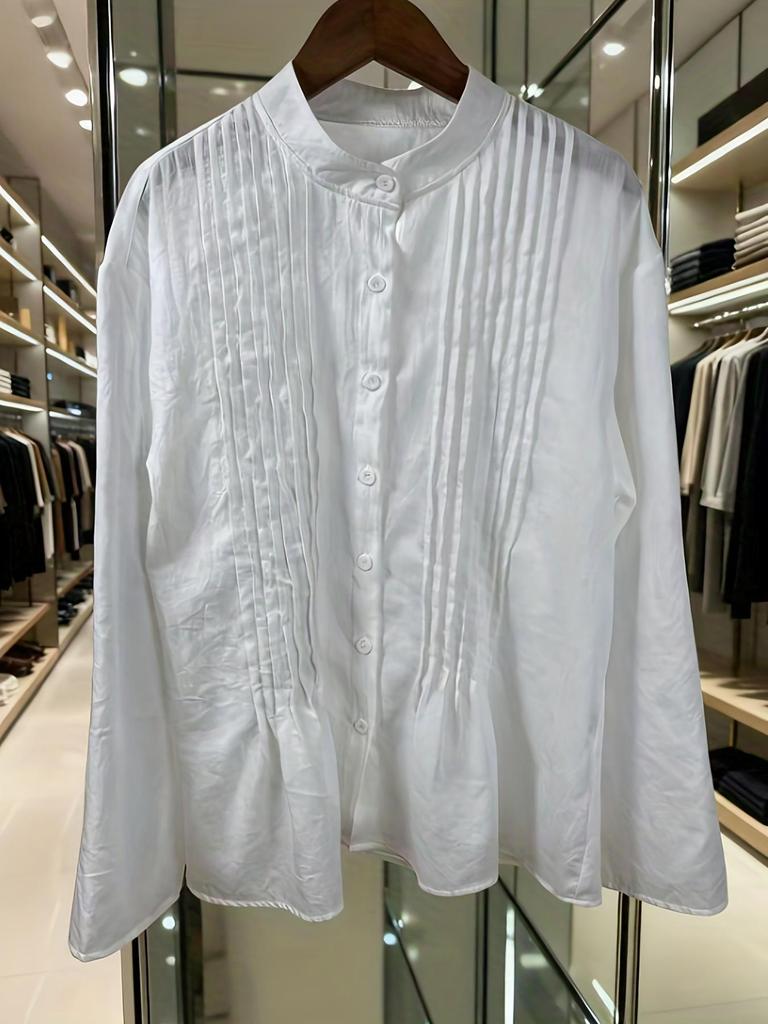 Chemise Blanche Rétro en Coton et Lin à Manches Longues Plissée pour Femme