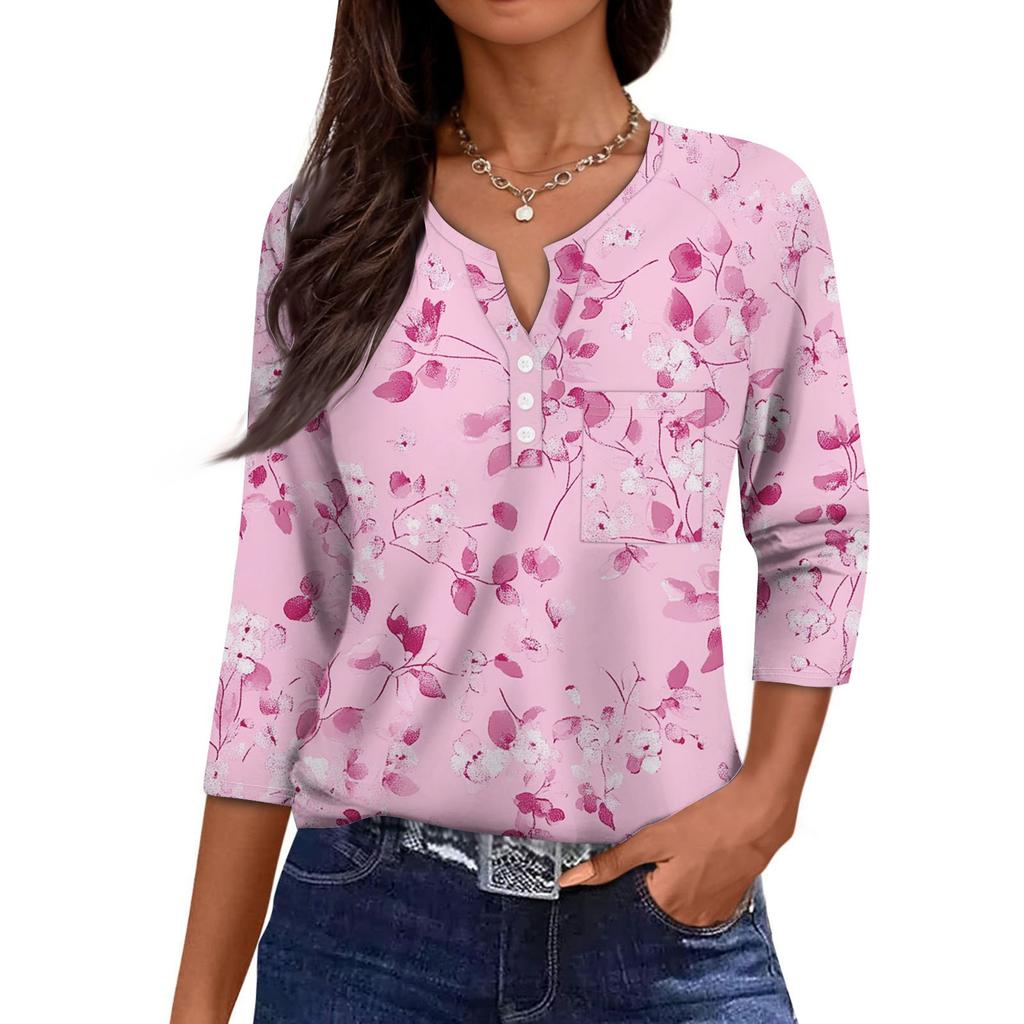 Damska Codzienna Modna Dekolt V Luźna Wszechstronna Kwiatowy Wzór Rękawy Trzyczwarte