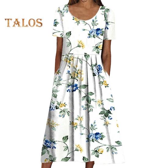 Damen Sommerkleid mit kurzen Ärmeln, lässiger Blumendruck, Rundhalsausschnitt, Midikleid mit Taschen, fließendes A-Linien-Strandkleid