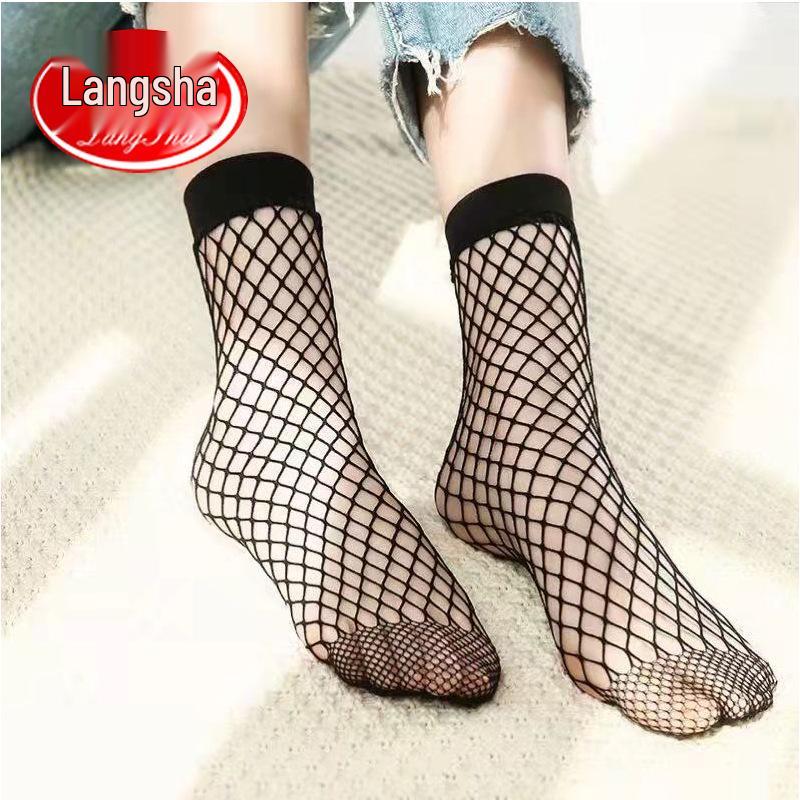 Langsha Women's Black Fishnet Mesh Short Stockings - Ultra-thin Summer Style, Trendy and Versatile Socks