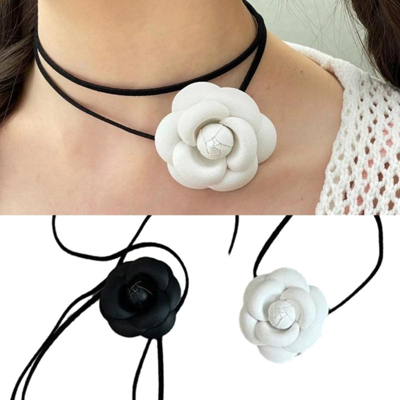 Elegant Sweet Camellia Choker Neckband Flower Collar Necklace Vintage Choker Long Lace Up Necklace Fashion Jewelry