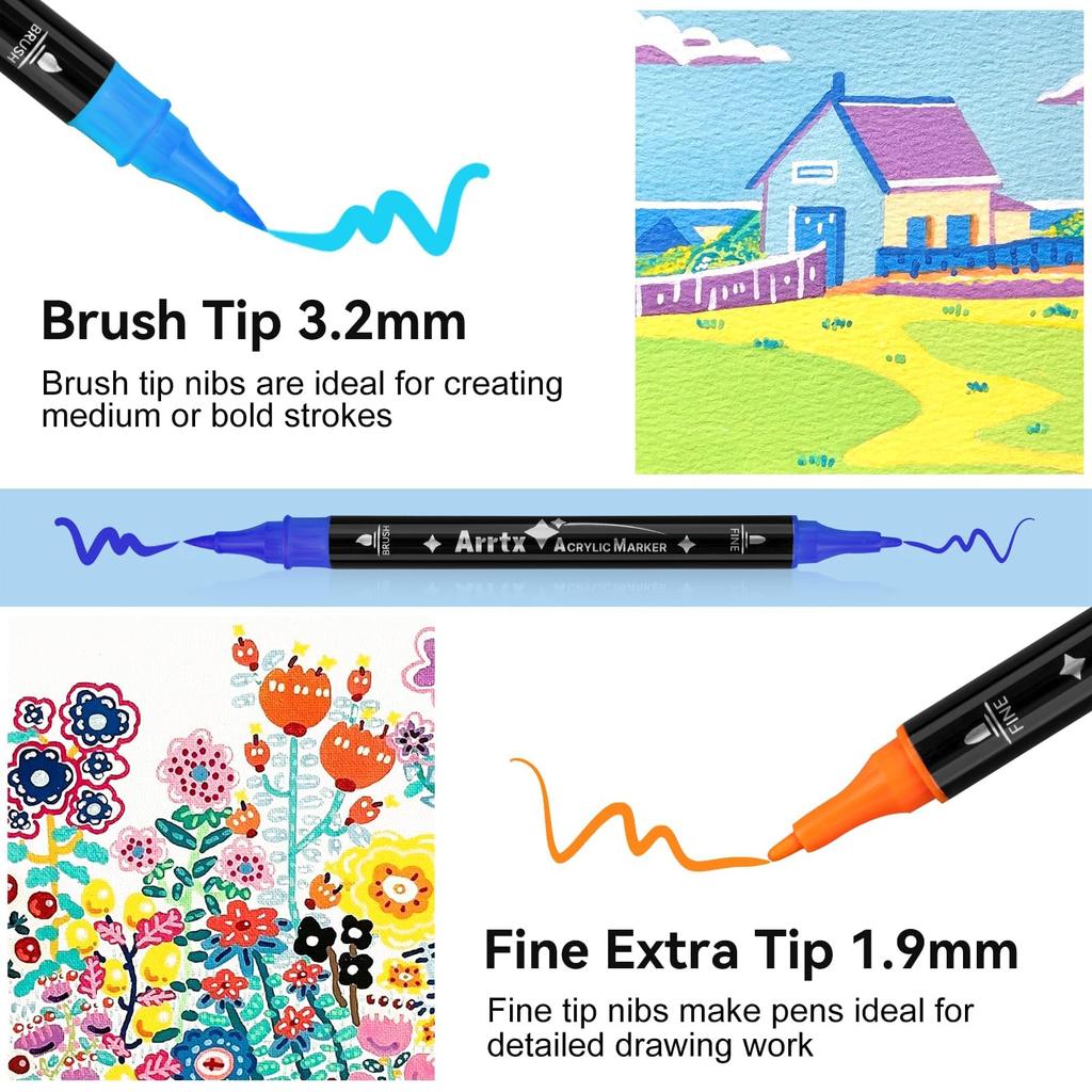 Arrtx Acrylic Paint Pen Markers 32 Colors Dual Tip Art Markers for Kids and Adults Acrylic Markers for Rock DIY Craft Supplies Painting, Fabric,