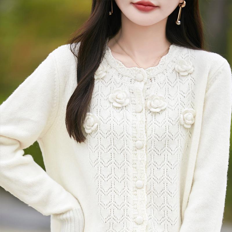 Handmade Pure Wool Hollow Out Knit Cardigan with Floral Design - Red, Autumn/Winter.