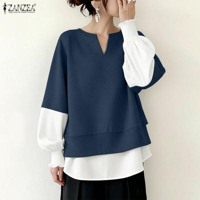 Women Casual V-Neck Splice Long Sleeve Blouse
