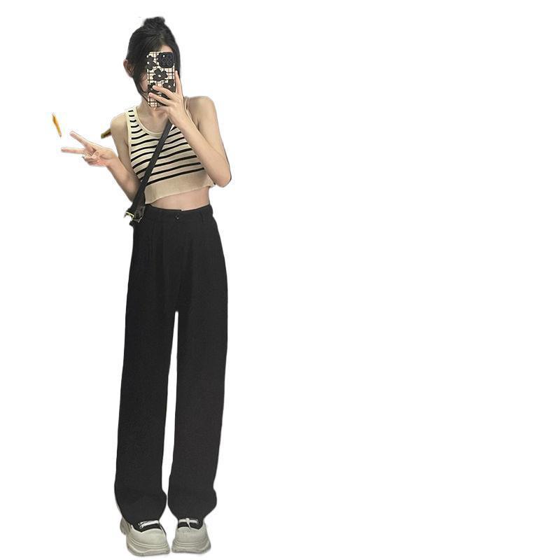 Women's Black High Waist Wide Leg Pants for Spring/Autumn - Petite Fit, Elegant Draping, Straight or Narrow Leg Options