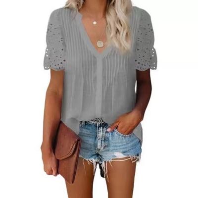 Ladies Summer New Solid Colour V-Neck Pleated Lace Splicing Short Sleeve Top