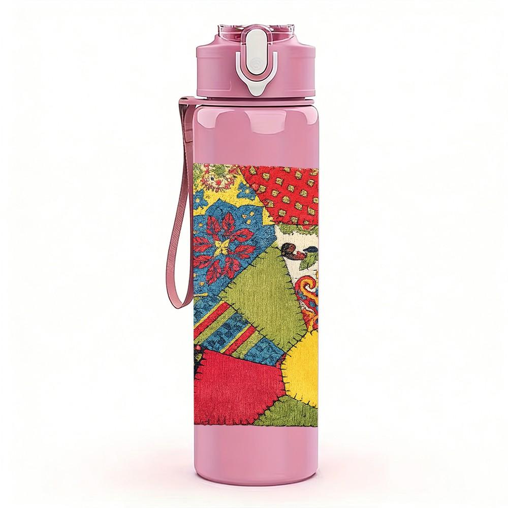 1PC Crazy Colorful Patchwork Quilt Print 750ml Color Plastic Sports Water Bottle Leakproof Flip Straw Lid Suitable for Sports Office Home Use