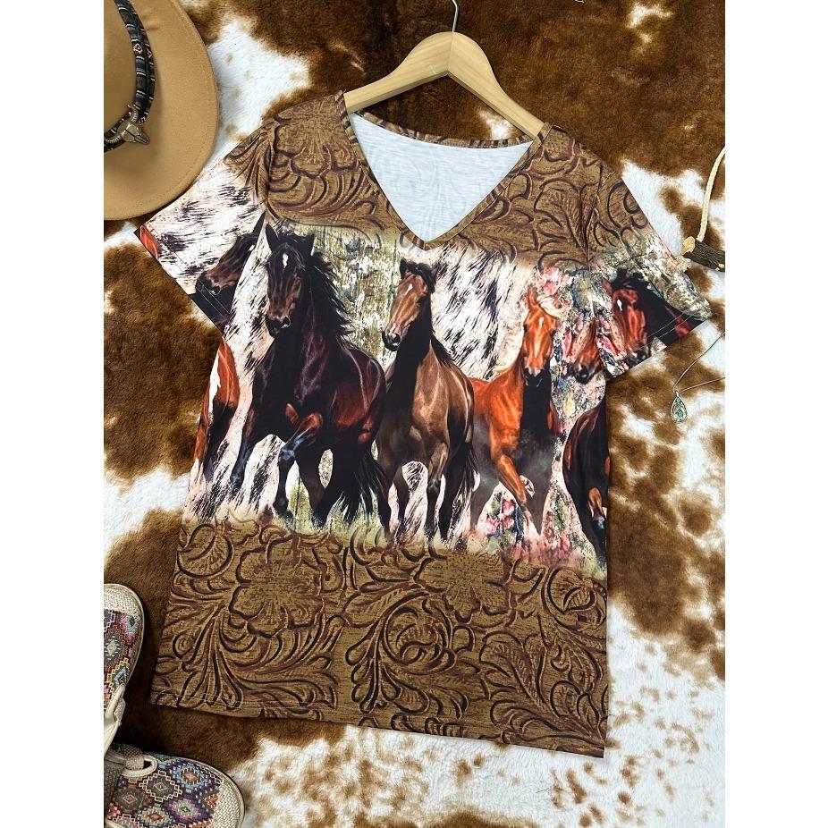 Trendy Liščí Tričko Prodyšné Nadměrné Dámské Tričko s V-výstřihem s Liščím a Květinovým Potiskem Každodenní Pohodlí, Umělecký Design