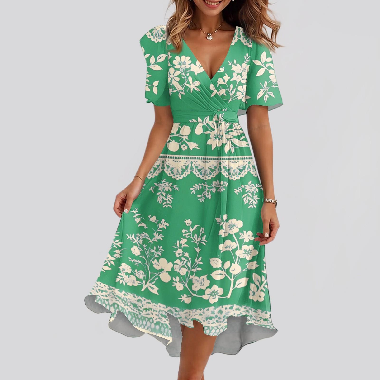 

Женское свободное повседневное платье с V-образным вырезом, расклешенная юбка, короткие рукава, напечатанное платье с принтом L