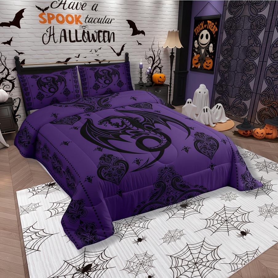 3pcs Purple Black Dragon Comforter Set Queen Size Vintage Boho Floral Print Bedding Set Paisley Pattern Quilt Set