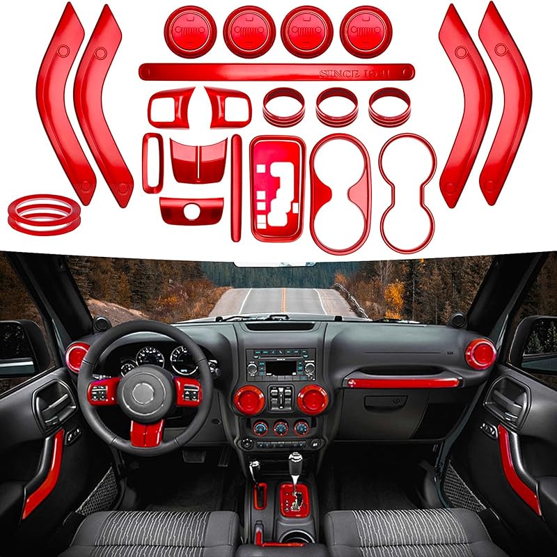 26PCS Full Set Interior Trim Kit Compatible With Jeep Wrangler JK JKU 2011-2018 2&4-Door Inner Center Console Trim, Door Handle, Cup Holder Cover