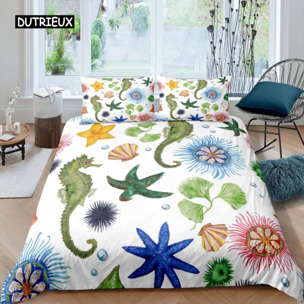 Seahorse Bedding Set Ocean Animal Duvet Cover Underwater World Orange Coral Marine Life Sea Urchin Soft Women Kid Bedroom Decor