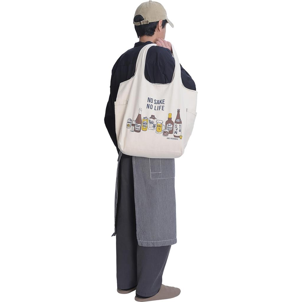 AND PACKABLE Twill Marche Tote Bag, Eco Bag, Large, Sub-Bag, Shoulder Bag, Shopping Bag, Approx. 48 X 36 X 14 Cm, NO SAKE NO LIFE, White, 68078