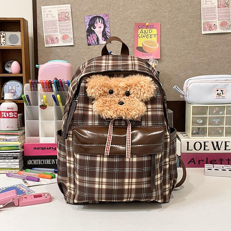 Schoolbag Vintage College Style Plaid Puppy School Bag ins Versatile Girls High Value College Students Class Backpack Backpack