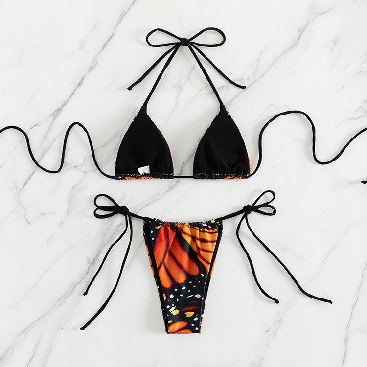 New butterfly print lace-up split bikini beach swimsuit women