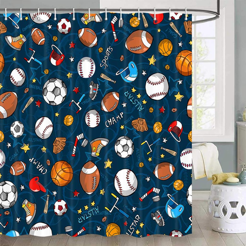 Basketball Shower Curtain For Boys Teen Ball Sports Bath Curtain Waterproof Fabric Bathroom Accessories With Hooks