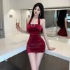 One-word shoulder versatile red velvet slim-fit hip skirt dress nightclub sexy tube top neck dress women