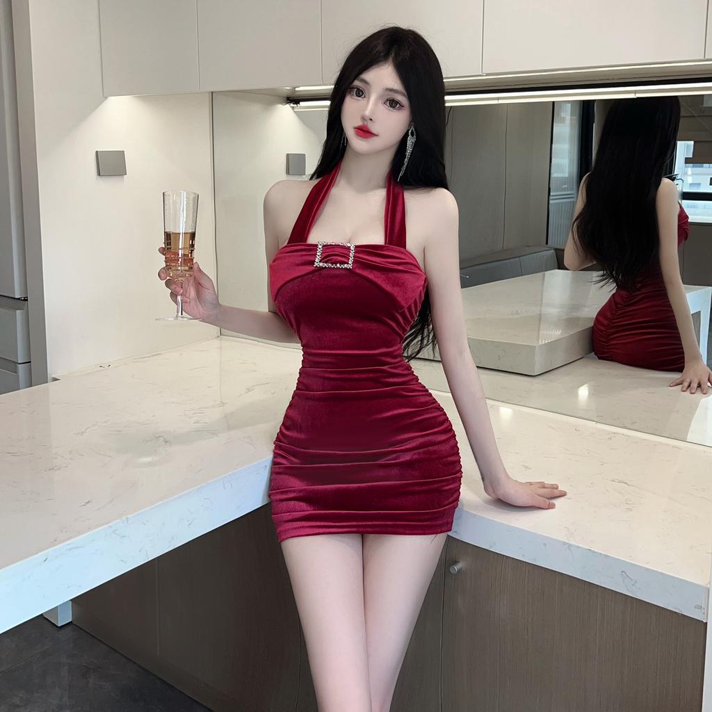 One-word shoulder versatile red velvet slim-fit hip skirt dress nightclub sexy tube top neck dress women