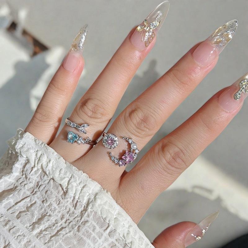 Niche Design Blue Love Zircon Fishtail Open Ring Light Luxury High Sense Pink Star Crescent Ring Woman