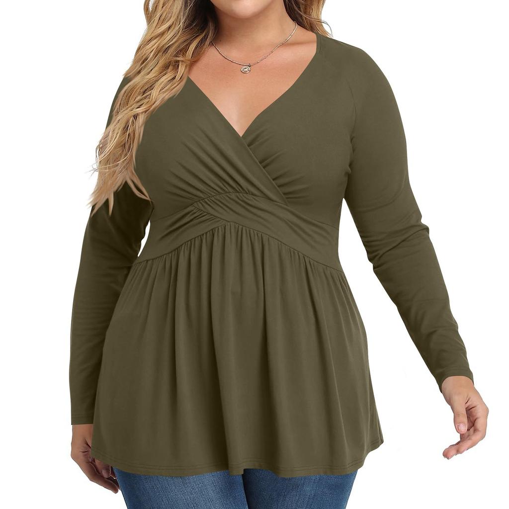 Women's Plus Size Shirt Long Sleeve Solid Color Top Pleated Casual V-Neck Top