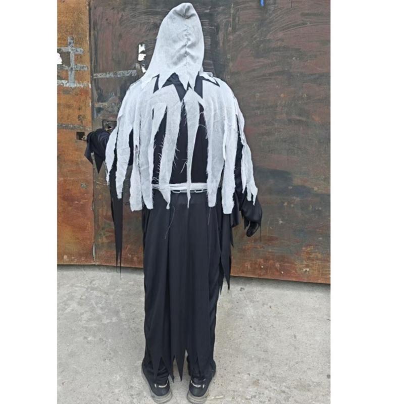6Pcs Grim Reapers Costume for Adults,Scary Halloween Costume with Grim Reapers Mask Headgear Skeleton Gloves,Waist Belt