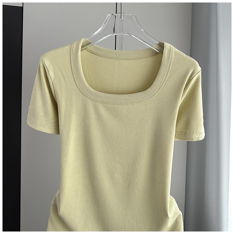 Plus Size Women Square Neck Short Sleeve Tee Ribbed Standard Shoulder Slim Summer Top