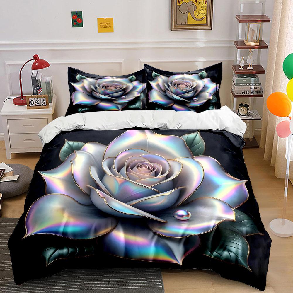 Holographic Rose-Themed Decorative Set Exquisite Three-Piece Bedding Set Gift For Kids And Adults
