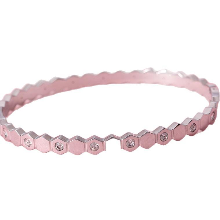 European Geometric Honeycomb Open Women's Stainless Steel Bracelet with Inlaid Rhinestones
