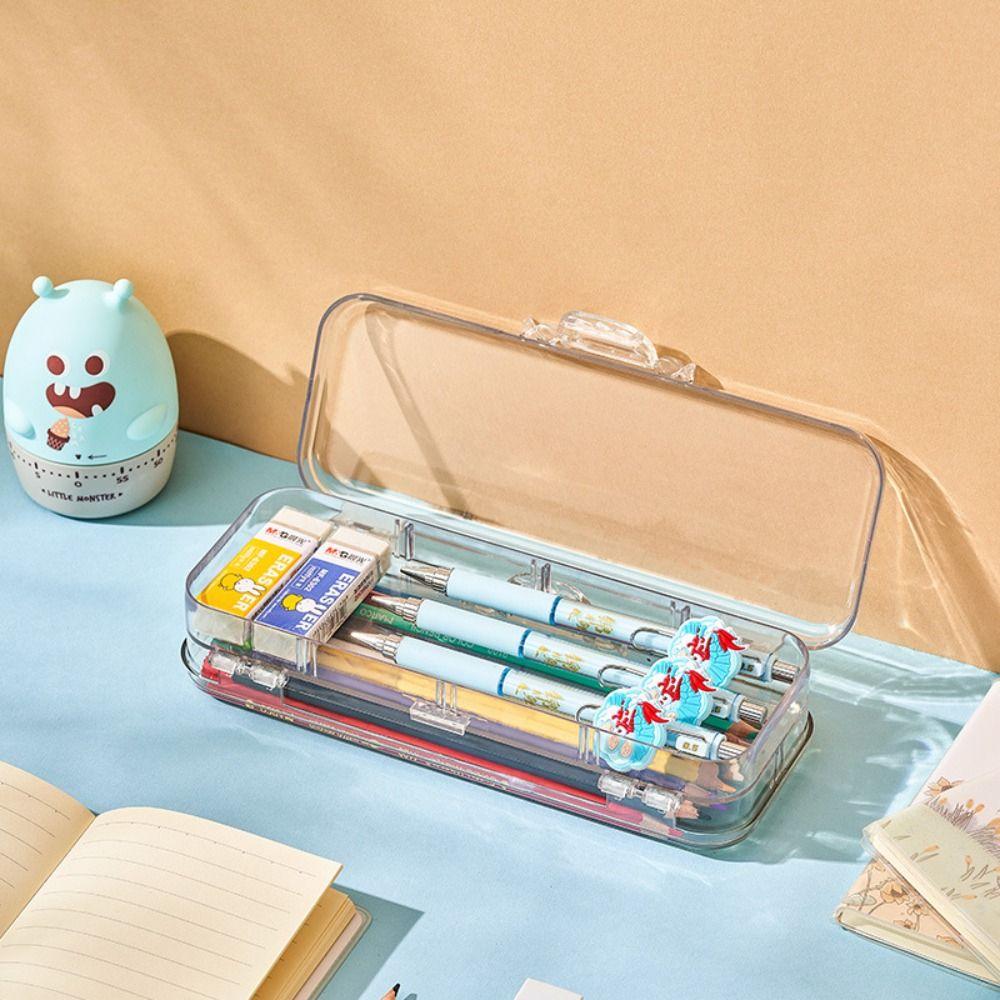 

Transparent Stationery Case Double Layer Desktop Storage Box Korean Pen Pencil Case Box Student B