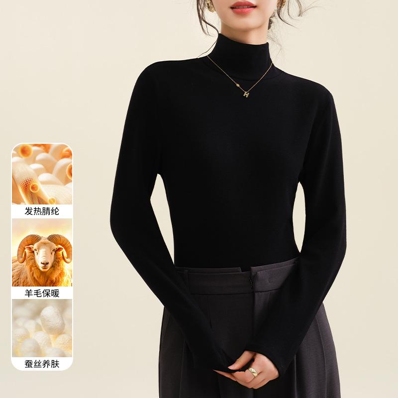 Women's Long Sleeve Knit Top Turtleneck Casual Thermal Underwear Warm Wool Silk Blend Base Layer Shirt