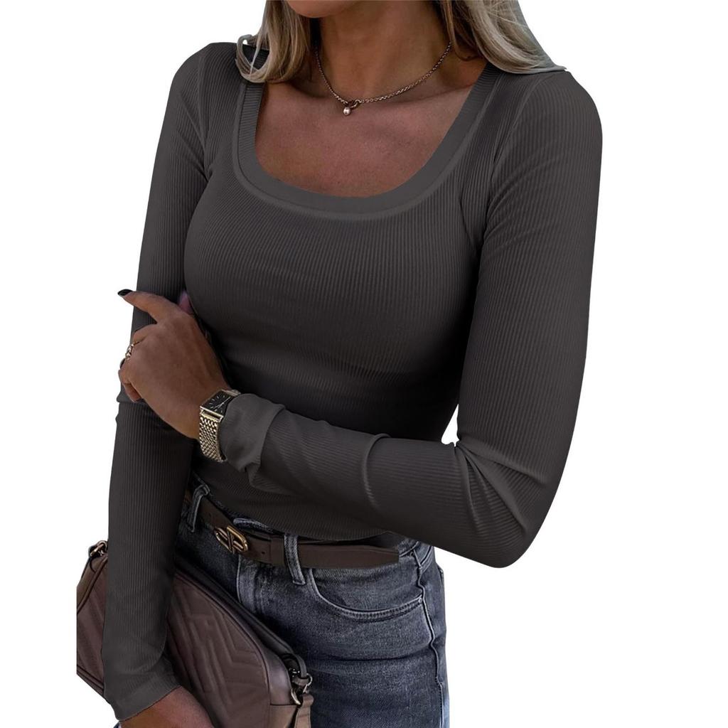 Vår og Høst Ny Ensfarget Løs Casual Dame Langermet T-skjorte, Egnet for Daglig og Hjemmebruk, Maskinvaskbar