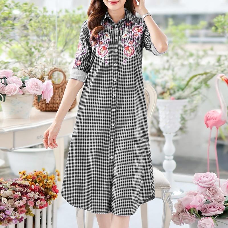 ZANZEA Women Casual Turn Down Collar Floral Print Long Sleeve Plaid Shirt Dress S
