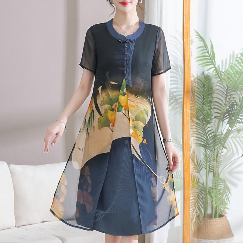 

2026 Stylish Printed Summer Dress for Middle-Aged Women: Loose, Slimming, and Elegant Skirt for Commuting XL (90-105 jin) синий