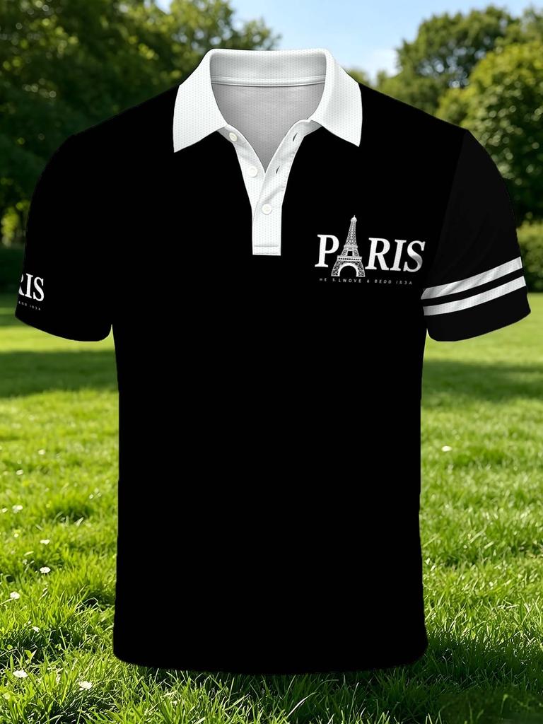 [Print Design - Not Textured] Men'S Outdoor Short Sleeve Polo Shirt, Multi-Size Available, Men'S Collared Polo, Black Base with Paris Chest Print