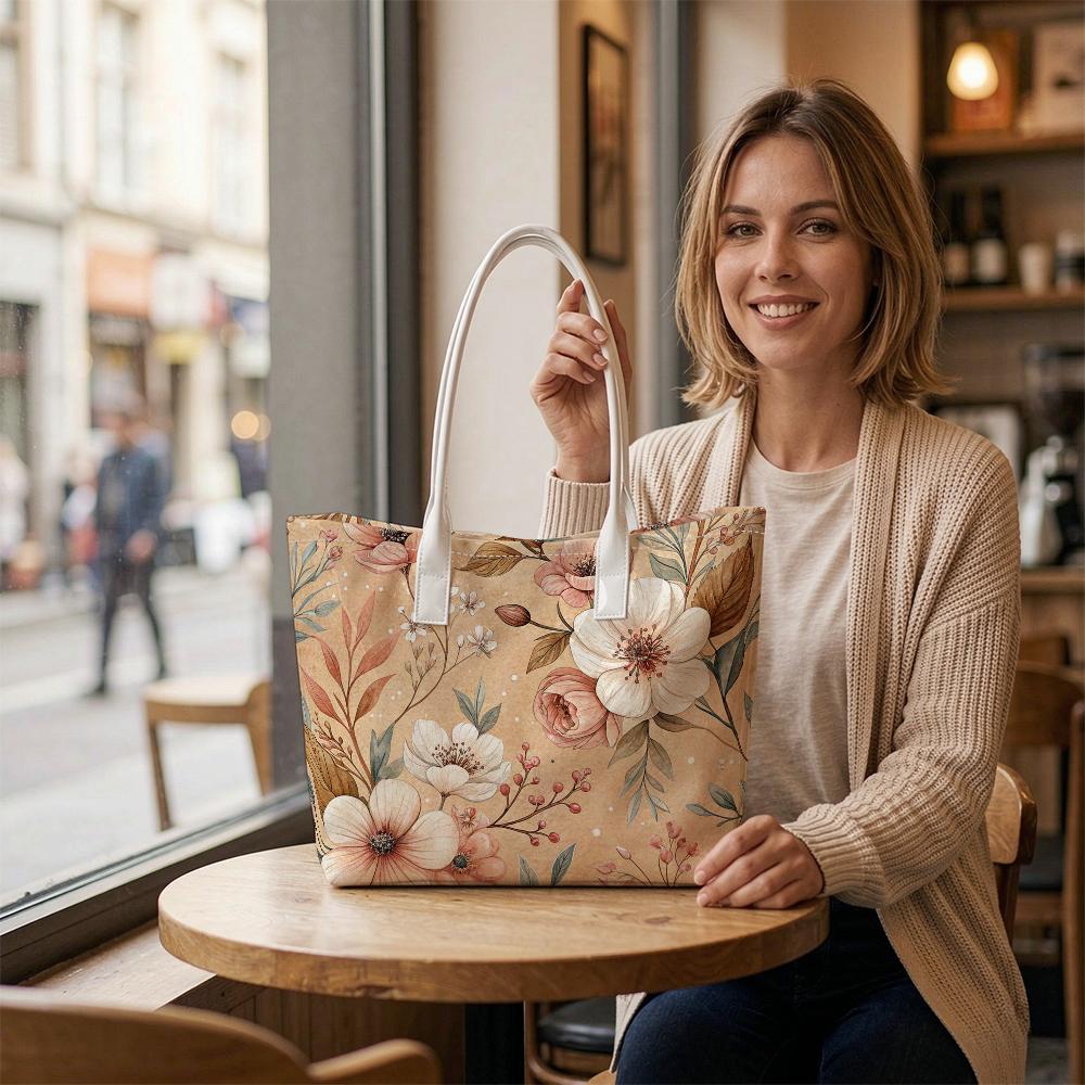 Boho Floral Print Tote Bag Casual Ladies Daily Use Shoulder Bag Versatile Lightweight Carryall for Shopping Outdoor Commute