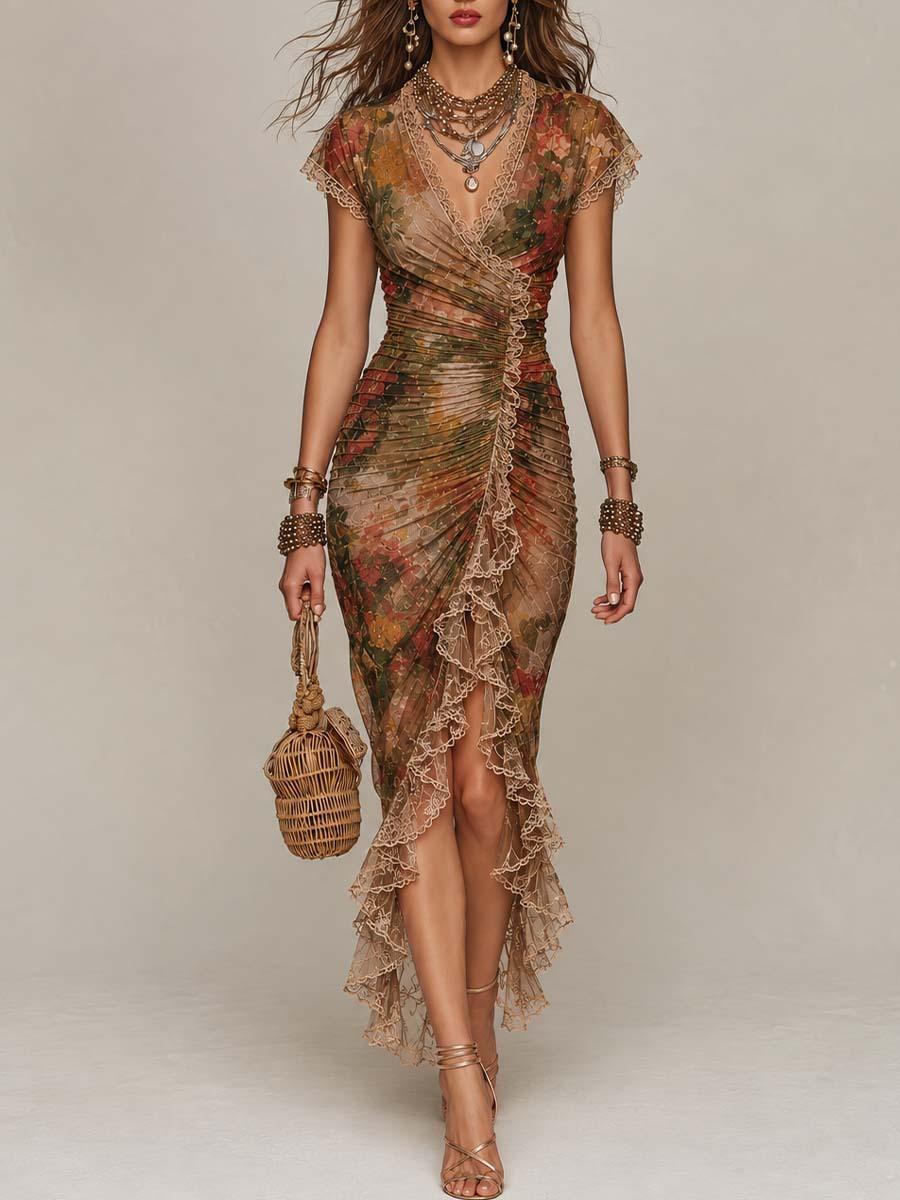 New International Station Women s European and American Sexy Elegant Lace Printed Dress S