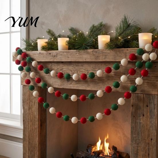 Red Green White Felt Ball Decor 78.8 Inch Christmas Pom Garland, 20/30 Pompom Soft Fluffy Garland Balls Ornaments for Xmas Tree, Fireplace, Wall, Home