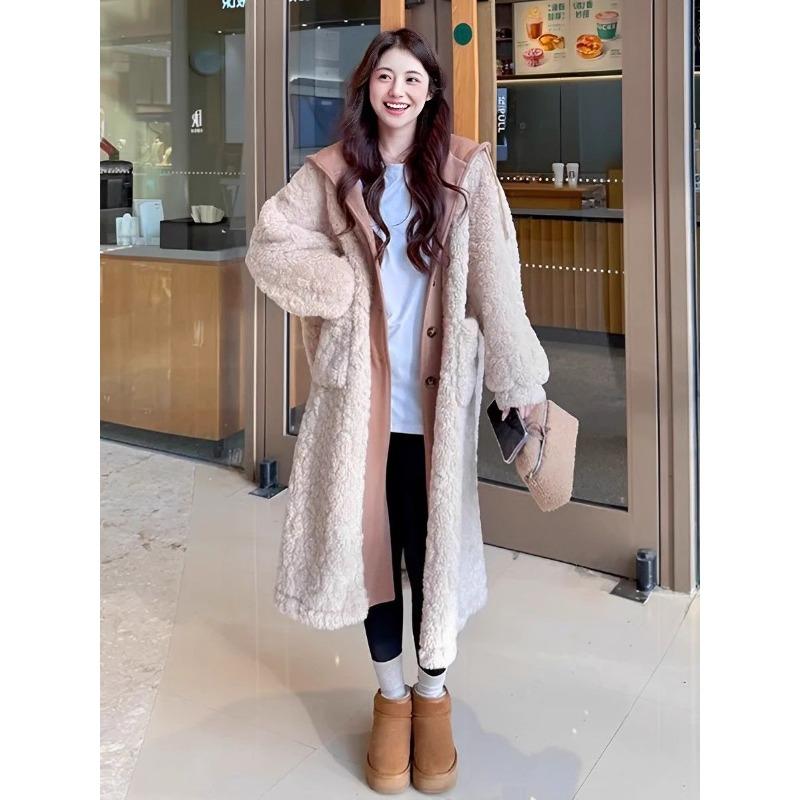 Korean Lazy Style Lamb Wool Winter Thick Warm Women Long Coat Faux Two Piece Jacket