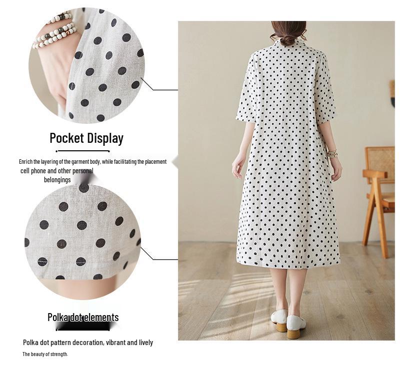 Summer 2026 Cotton Linen Polka Dot A-line Dress for Women