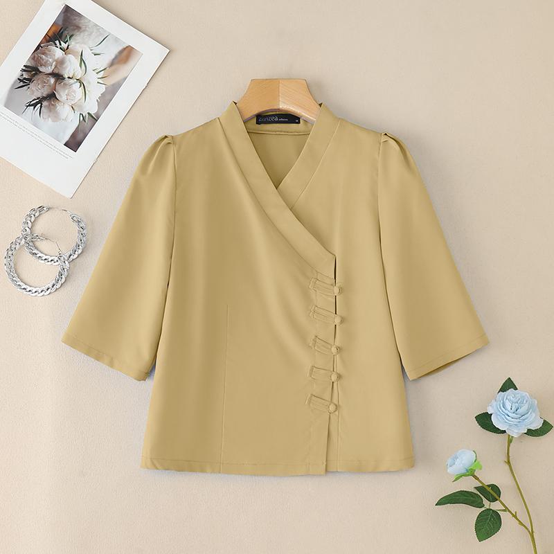 

ZANZEA Женская летняя блузка с V-образным вырезом, однотонная, с рукавом до локтя 5XL хаки