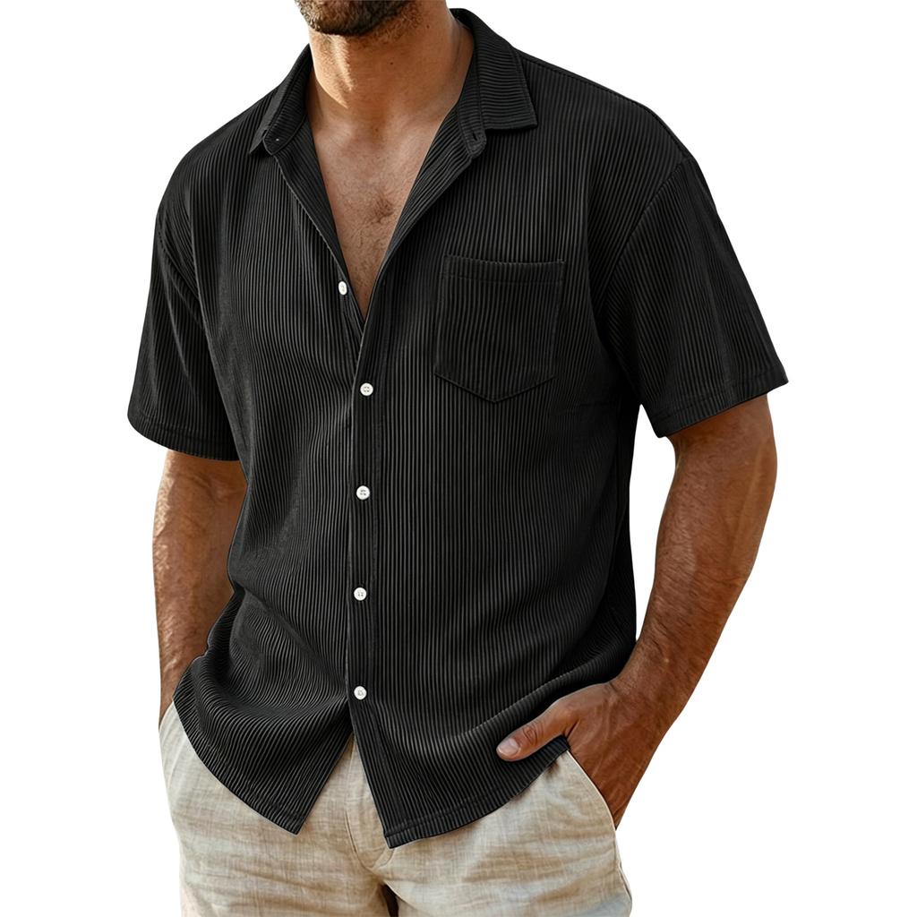 Men Corduroy Shirt Short Sleeve Button Down Casual Loose Fit Collar Pocket Striped Lightweight Summer Shirt