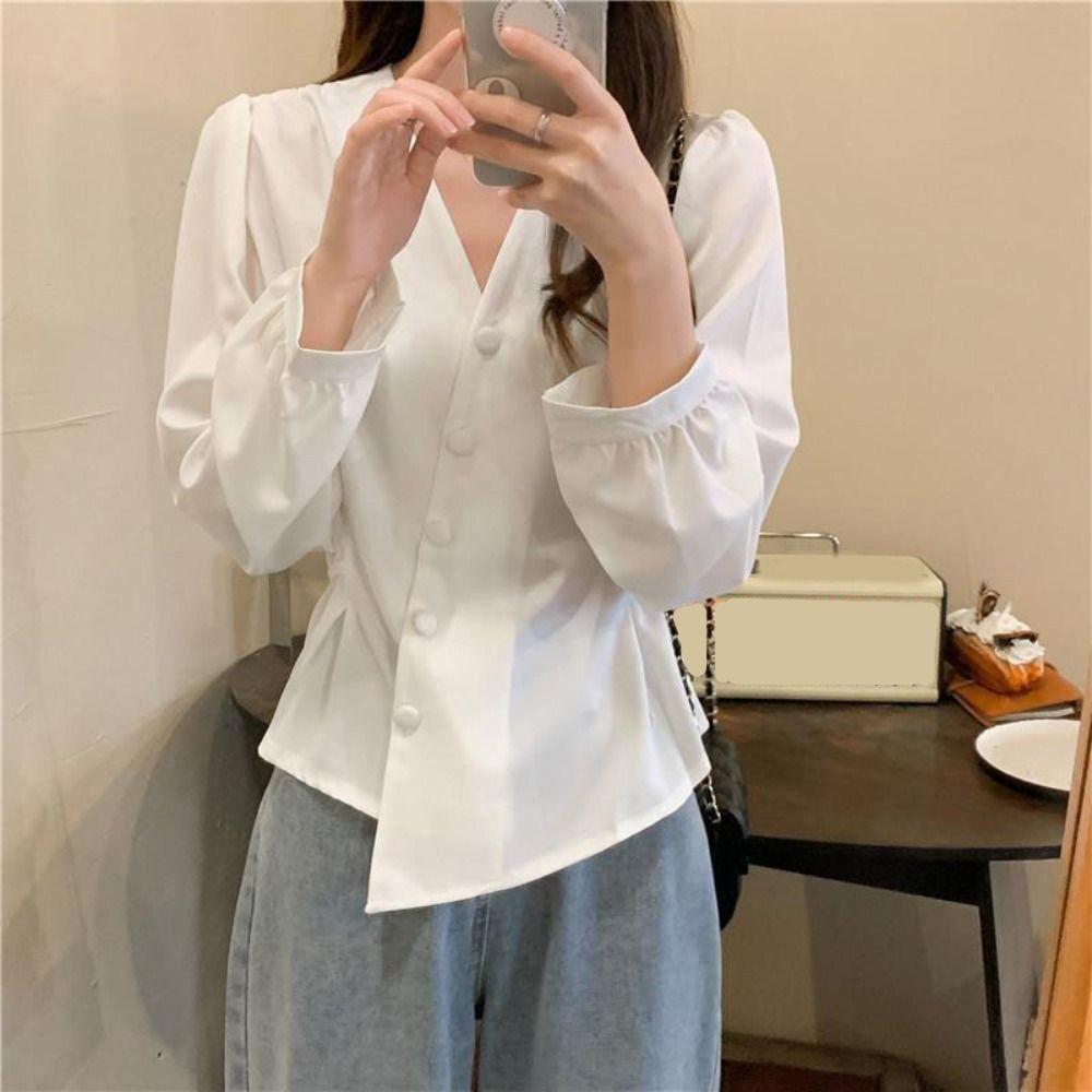 Slim Fit Long Sleeve Shirts V-neck Office Ladies Tops Fashion Button Up Blouse  Office